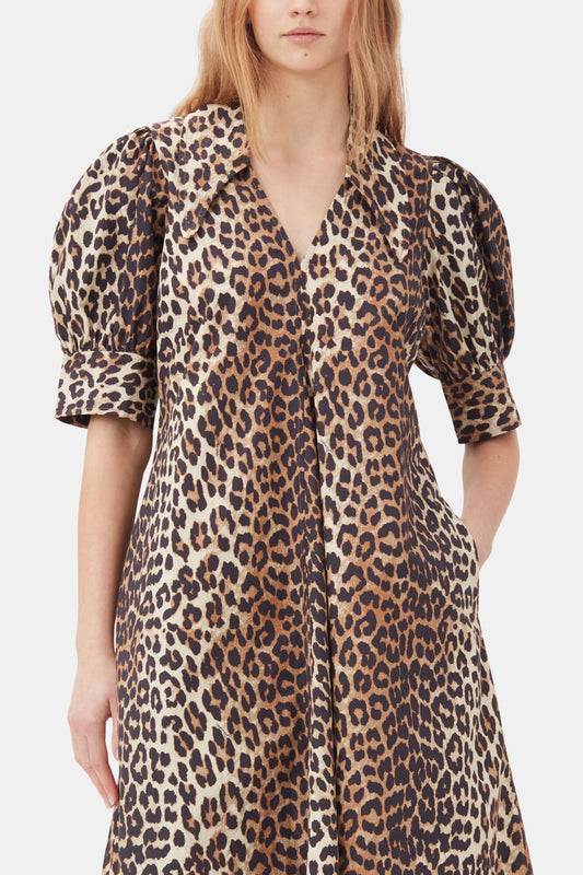 Leopard Cotton Poplin V-neck Maxi Dress - GANNI